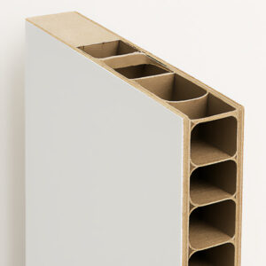 Close-up view of a cross-section of a hollow-core interior door, showing a white outer surface and an internal cardboard honeycomb structure for support.
