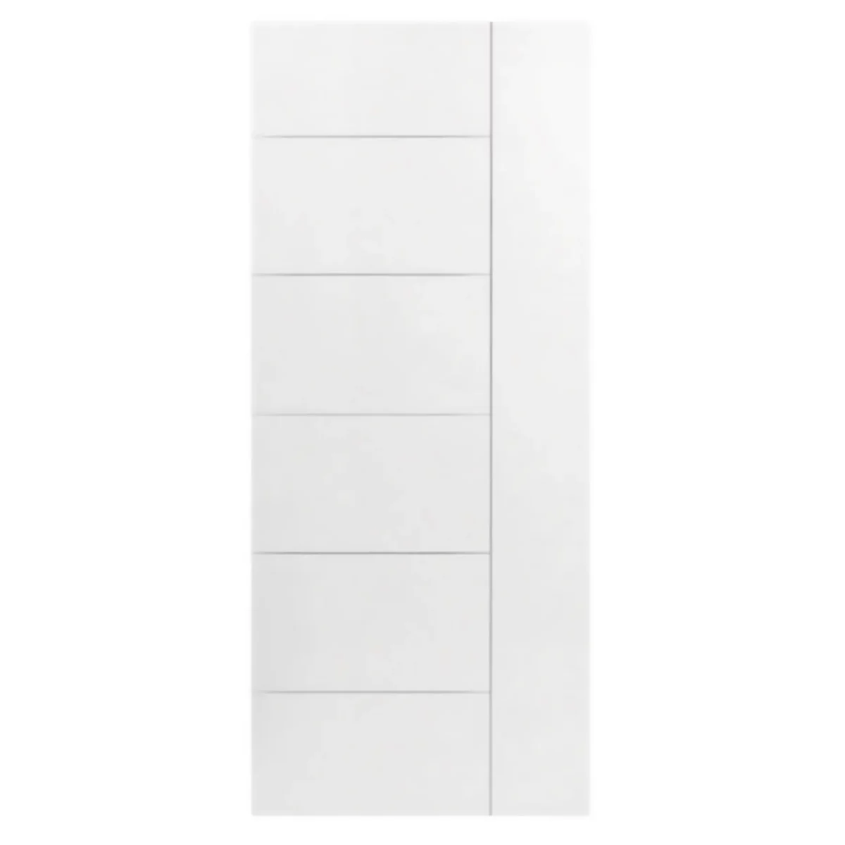 The Interior Doors - Shaker - Hollow/Solid feature a white modern design with five horizontal grooves and a narrow vertical panel on the right, offering a minimalistic and contemporary look.