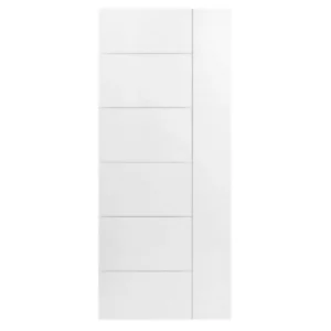 The Interior Doors - Shaker - Hollow/Solid feature a white modern design with five horizontal grooves and a narrow vertical panel on the right, offering a minimalistic and contemporary look.