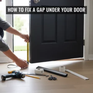 A person kneels to measure the gap under a black front door, with DIY tools like a door sweep, weatherstripping, and a drill laid out on the floor, ready for installation