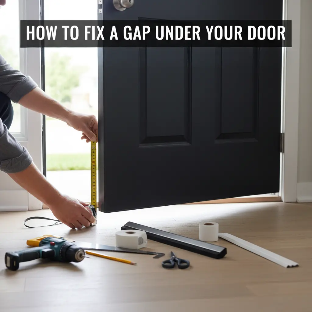 A person kneels to measure the gap under a black front door, with DIY tools like a door sweep, weatherstripping, and a drill laid out on the floor, ready for installation