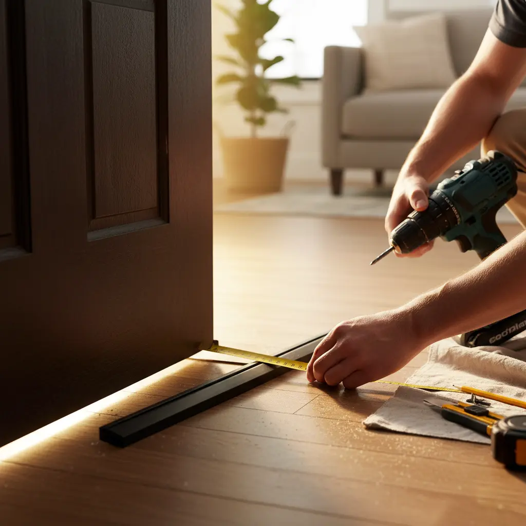 fix gap under entry door A a door technician kneels to measure the gap under a brown front door, with tools like a door sweep, weatherstripping, and a drill.