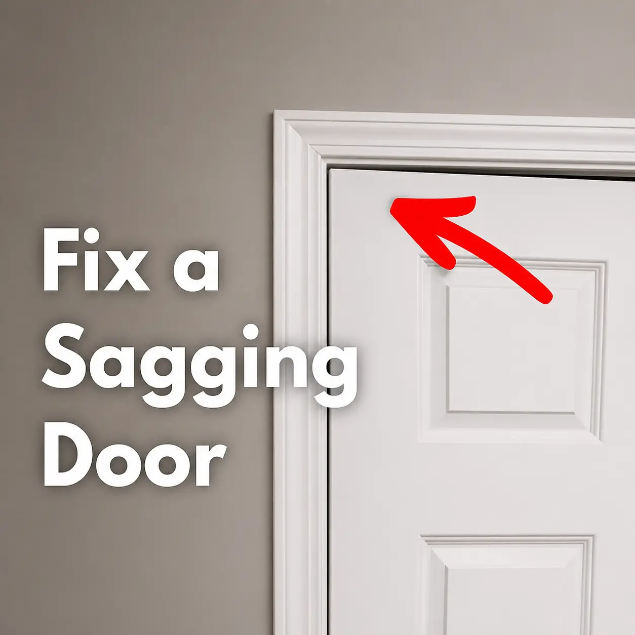 Sagging interior door with visible gap at the top corner, highlighted by a red arrow, and text reading “Fix a Sagging Door” on a neutral background.