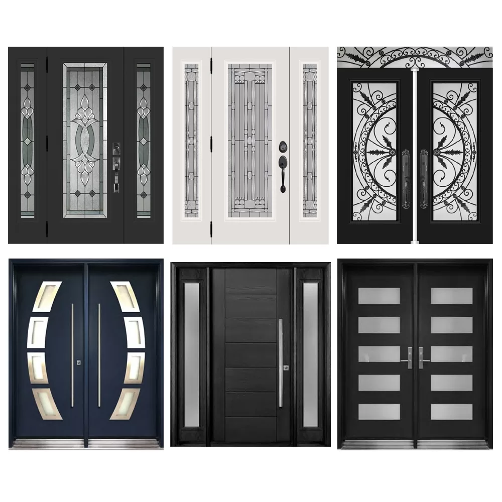 A compilation of six stylish entry door designs. Top row: decorative black and white doors with intricate glass patterns. Bottom row: contemporary entry doors in blue and black, featuring modern glass accents.