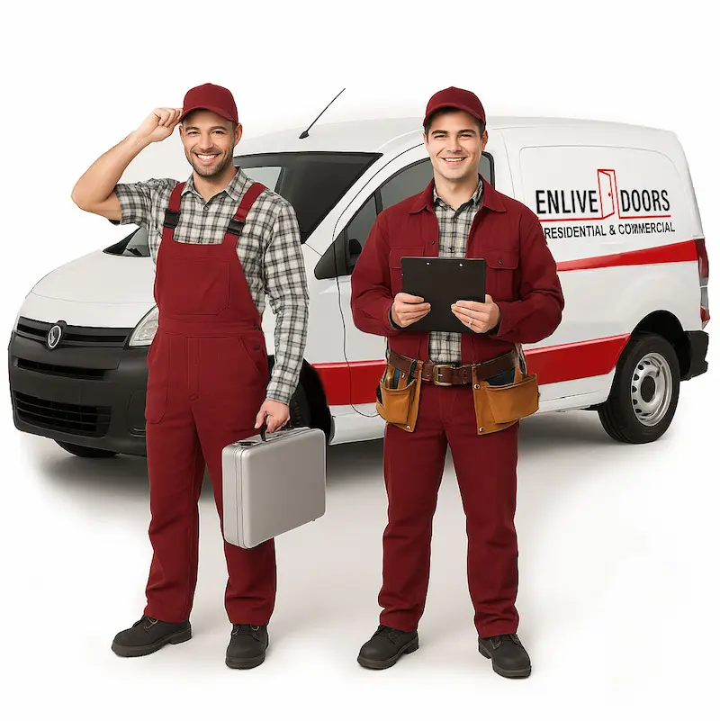 door-repair-team-enlive-doors Two workers in red uniforms and caps stand smiling in front of a white van with Enlive Doors written on it. The worker on the left holds a toolbox, while the one on the right, specializing in door repair in Markham, holds a clipboard and wears tools in their belt.
